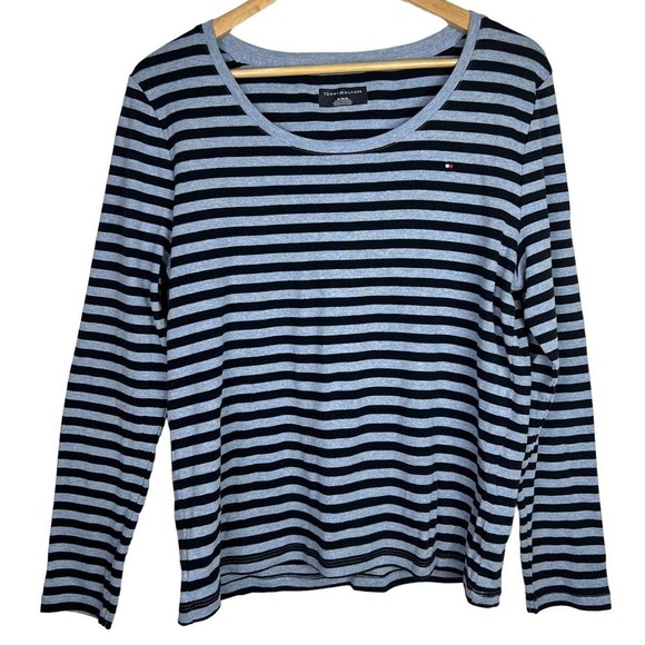 EUC TOMMY HILFIGER Striped Scoop Neck Long Sleeve Blue Tee Women's Size XL - Picture 1 of 6